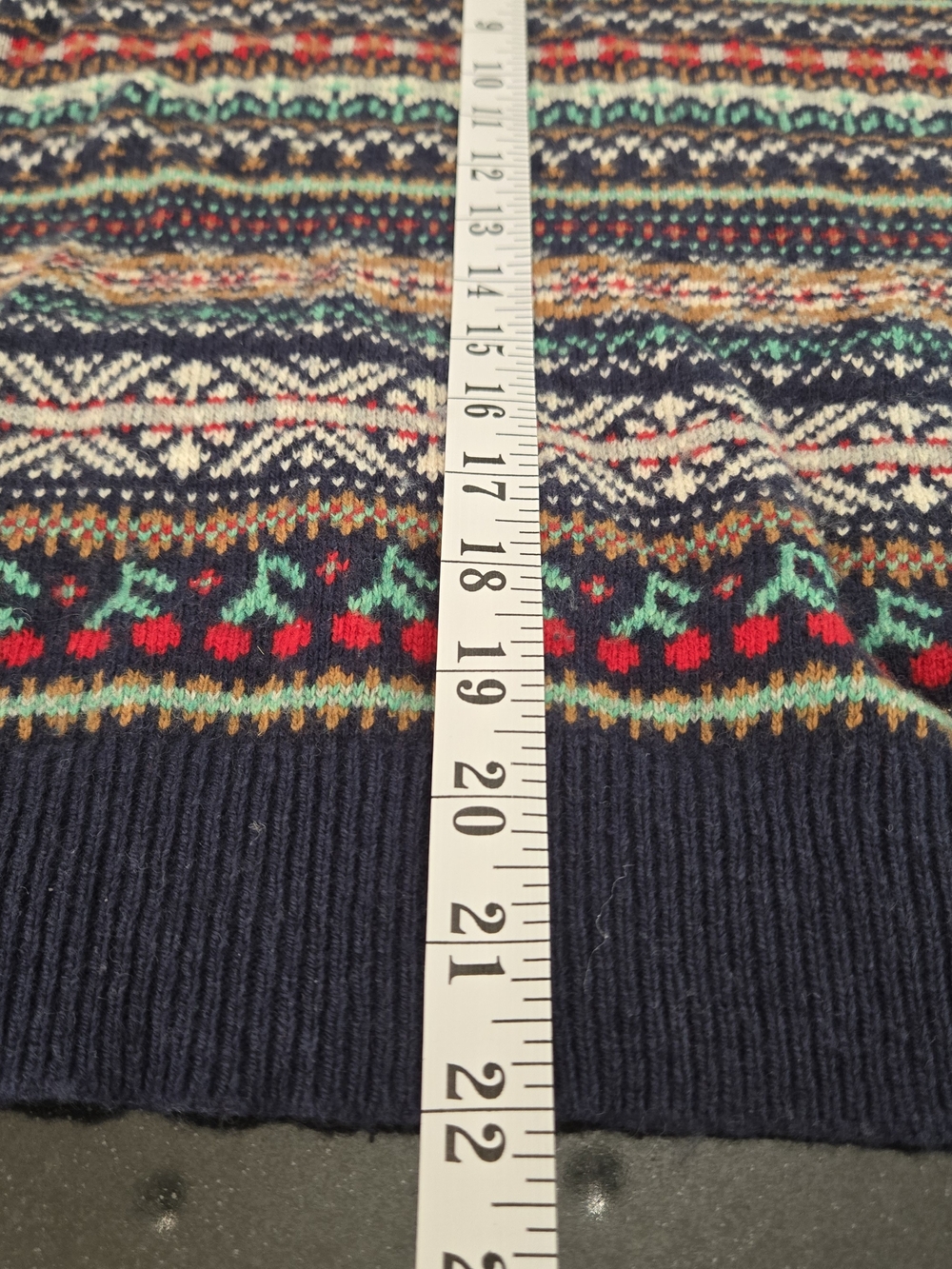 J. Crew Puff Sleeve Fair Isle Sweater Navy Colorful Cherries Wool Blend Large - Picture 8 of 10